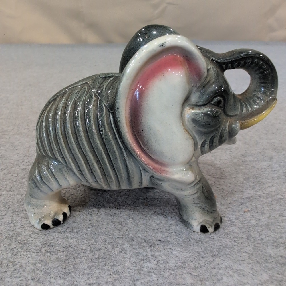 Vintage Hand Painted Japan Ceramic Elephant Figurine Grey Pink Glossy Glaze - Picture 1 of 4